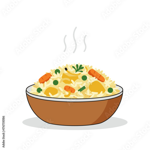 Steaming bowl of vegetable rice pilaf with carrots and peas