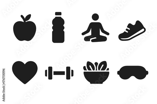 Healthy Lifestyle Icons. Healthy lifestyle. Filled icon set of Healthy lifestyle: apple, water bottle, yoga