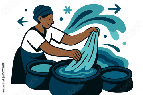 Colorful Fabric Dyeing. Traditional dyeing. A person dipping fabric into colorful dye vats, soft waves of