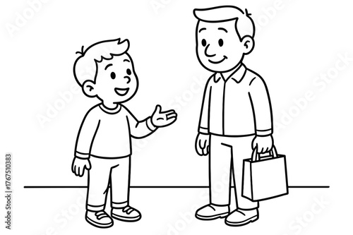 Kid's Coloring Interaction. Asking a passerby children?s coloring book illustration, outlined drawing, kid