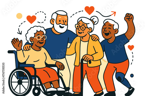 Diverse Senior Connection. Aging with dignity. A warm composition of diverse seniors with varying disabilities