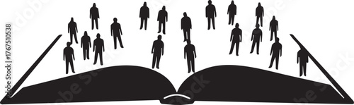 Silhouettes of people emerge from an open book representing human rights and knowledge