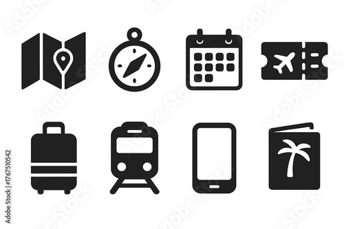 Travel Planning Icons. Travel planning. Filled icon set of Travel planning: map, compass, calendar, ticket,