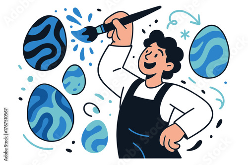 Egg Painting Joy. Painting eggs. A person joyfully dipping a brush into bright colors, painting swirling