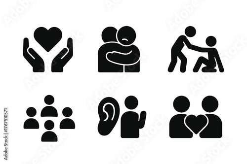 Emotional Support Icons. Emotional support. Filled icon set of emotional support: heart and hands, comforting