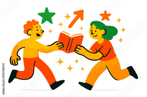 Glowing Book Exchange. Encouraging habits. A glowing character passing a glowing book to another, floating