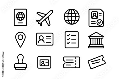 Visa Icon Set. Visa application. Line outline icon set of visa application: passport, airplane, globe,