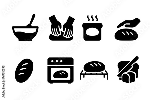 Baking Process Icons. Baking stages. Filled icon set of baking stages: mixing dough, kneading, proofing,