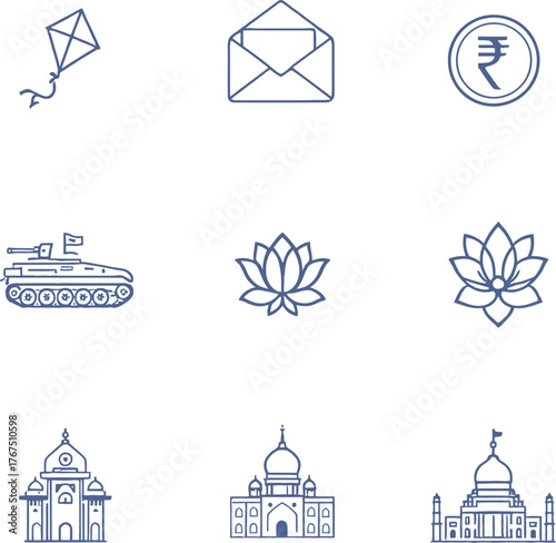 India icon set with kite, rupee, lotus, India Gate, Taj Mahal, Rashtrapati Bhavan, and national symbols in line style