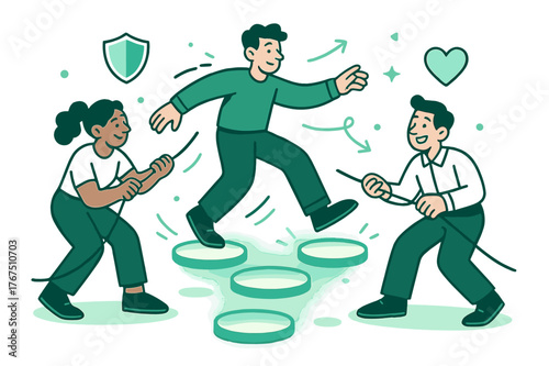 Teamwork and Safety. Trust and support. A character walking on glowing stepping stones while teammates hold