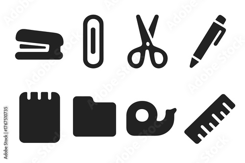 Office Supplies Icons. Office supplies. Filled icon set of Office supplies: stapler, paperclip, scissors, pen,