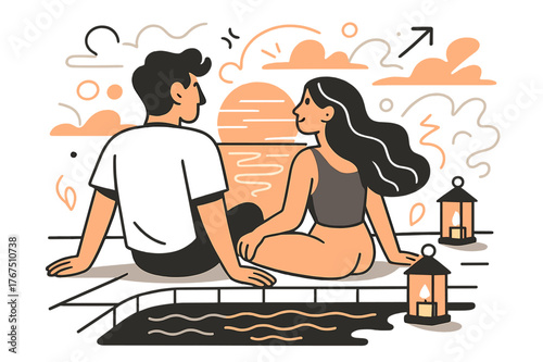 Sunset Pool Relaxation. Sunset chill. A couple sitting by the pool watching the orange sky reflect in the calm