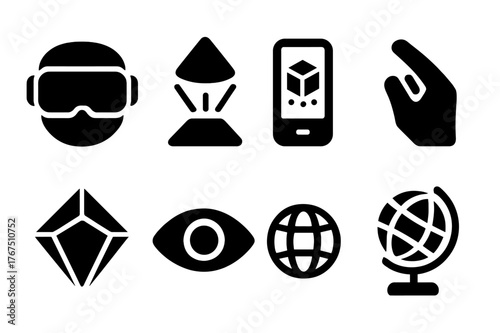 Augmented Reality Icons. Augmented reality. Filled icon set of Augmented reality: AR headset, hologram, cube,