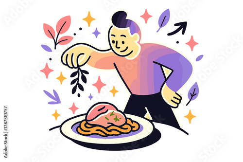 Creative Culinary Touch. Garnishing and finishing touches. A glowing character adding herbs or sauce to a