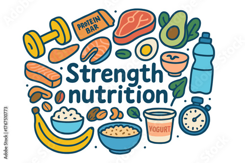 Strength Nutrition Doodles. Strength nutrition. Hand-drawn doodle illustration of Strength nutrition. Dumbbell