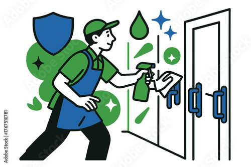 Meticulous Cleaning Icons. Clean routine. A janitor or office worker methodically wiping down handles along a