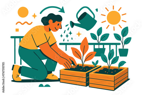 Sustainable Balcony Garden. Building a sustainable garden at home. A person planting seedlings in wooden boxes