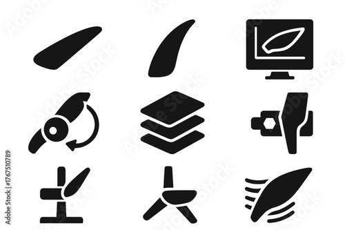 Blade Design Icons. Blade design. Filled icon set of blade design: aerodynamic profile, curved blade edge, CAD