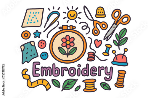 Colorful Embroidery Doodle Art. Embroidery. Hand-drawn doodle illustration of embroidery. Hoop, needle, thread