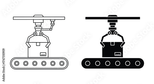 Automated industrial robot arm conveyor belt system package handling equipment - Line and glyph icon and logo - Vector icon symbol for website - Icon vector