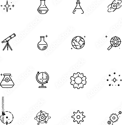 Science icon set with flasks, globes, telescopes, gears, atoms, and magnifiers in clean black line vector style