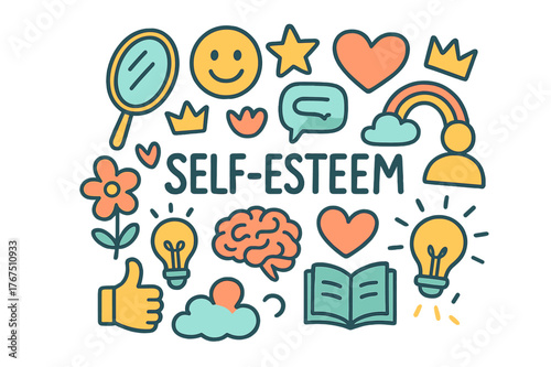 Self-Esteem Symbols. Self-esteem. Hand-drawn doodle illustration of self-esteem. Mirror, smiley face, heart,
