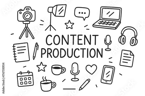 Content Creation Tools. Content Production. Hand-drawn doodle illustration of Content Production. camera,