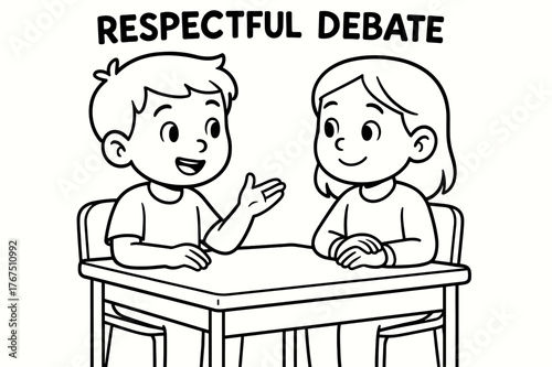 Kids Friendly Debate. Respectful debate children?s coloring book illustration, outlined drawing, two cartoon