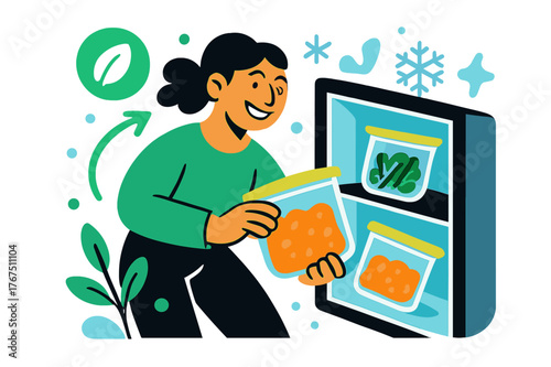 Sustainable Food Storage. Eco freezing. A smiling person storing reusable silicone bags with leftovers,