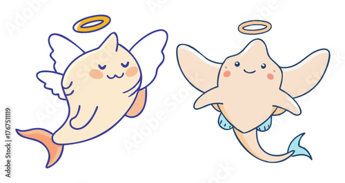 Cute angel sharks with wings and halos swimming together adorably