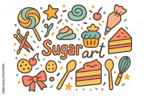 Sweet Sugar Art. Sugar art. Hand-drawn doodle illustration of Sugar art. Candy, lollipop, icing swirl, cupcake