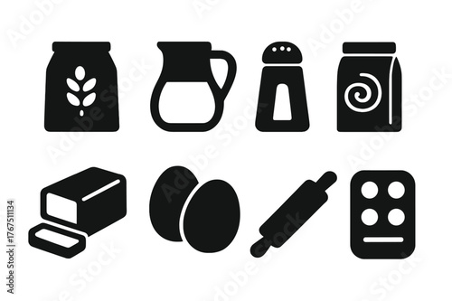 Baking Essentials Icons. Home baking essentials. Filled icon set of home baking essentials: bag of flour, jug