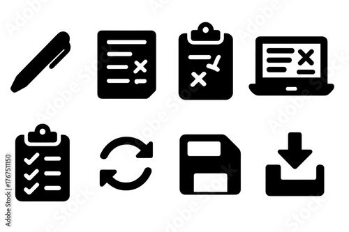 Script Editing Icons. Script editing. Filled icon set of script editing: red pen, script draft, edit marks,