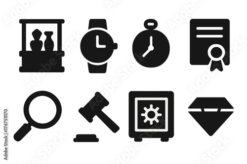Collector's Icon Set. Collector?s items. Filled icon set of Collector?s items: display case, wristwatch,