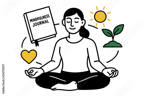 Inner Growth Symbols. Inner growth tools. Floating elements ? mindfulness journal, plant sprout, sun, and