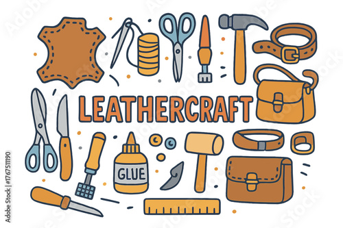 Colorful Leathercraft Doodles. Leathercraft. Hand-drawn doodle illustration of leathercraft. Leather piece,