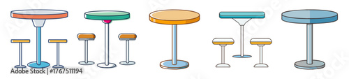 Multiple colorful bar stools with pedestal bases lined up