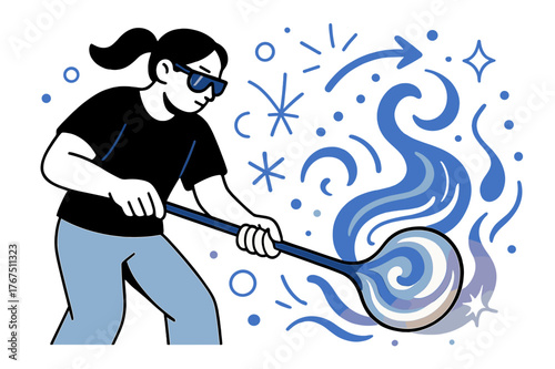 Dynamic Glassblowing Artistry. Glassblowing. A craftsperson shaping molten glass with glowing colors, swirling