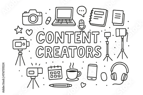 Content Creators Doodle. Content Creators. Hand-drawn doodle illustration of Content Creators. camera, laptop,