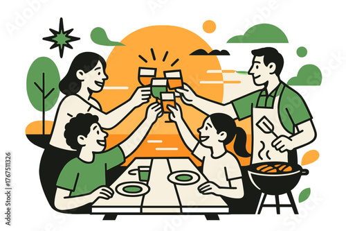 Sunset Family BBQ. Sunset BBQ gathering. Family members toast drinks over a long picnic table, soft orange