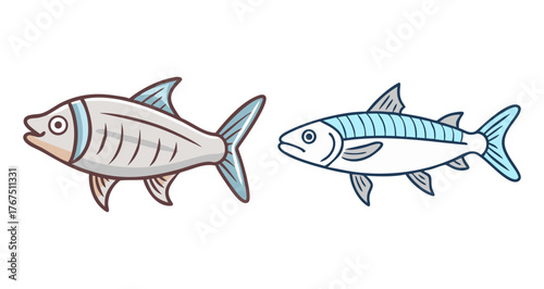 Two detailed line drawings of fish one silver and one mackerel