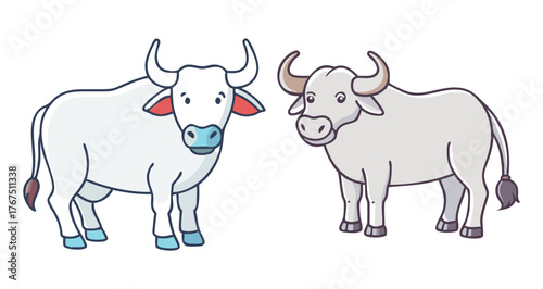 Two cartoon buffalo stand side by side with a friendly appearance