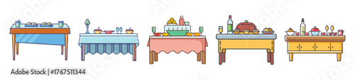 Five colorful buffet tables ready for a feast