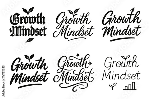Diverse Calligraphy Styles. Growth Mindset. Create a calligraphy lettering illustration of the phrase: Growth