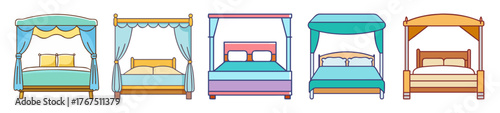 Five diverse canopy beds with colorful bedding and furniture