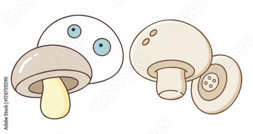 Cute cartoon button mushrooms with eyes and gills isolated