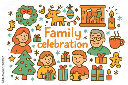 Festive Family Gathering. Family celebration. Hand-drawn doodle illustration of Family celebration. Family