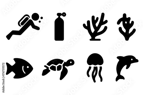 Marine Expedition Icons. Diving expeditions to explore marine biodiversity. Filled icon set of Diving