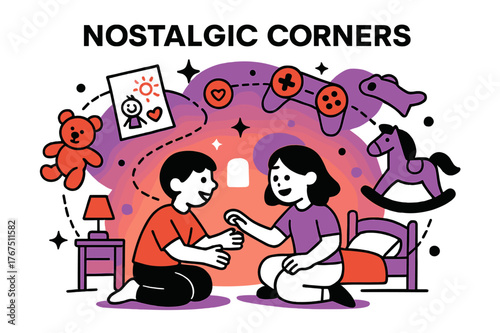 Nostalgic Childhood Dreamscape. Documenting childhood friendships. Abstract glowing bedroom scene with