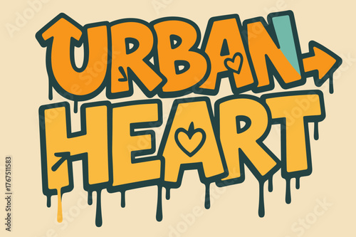 Dynamic Graffiti Art. Urban Heart ? Graffiti Simplified: chunky bubble letters with dripping edges; arrows and
